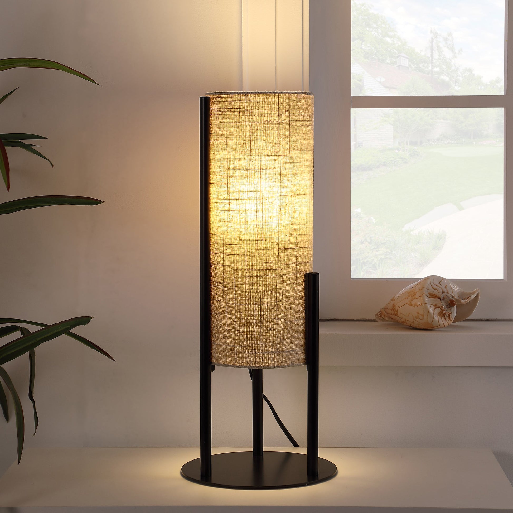 22' H Modern Upright Beige Linen Drum Black Metal Table Lamp
