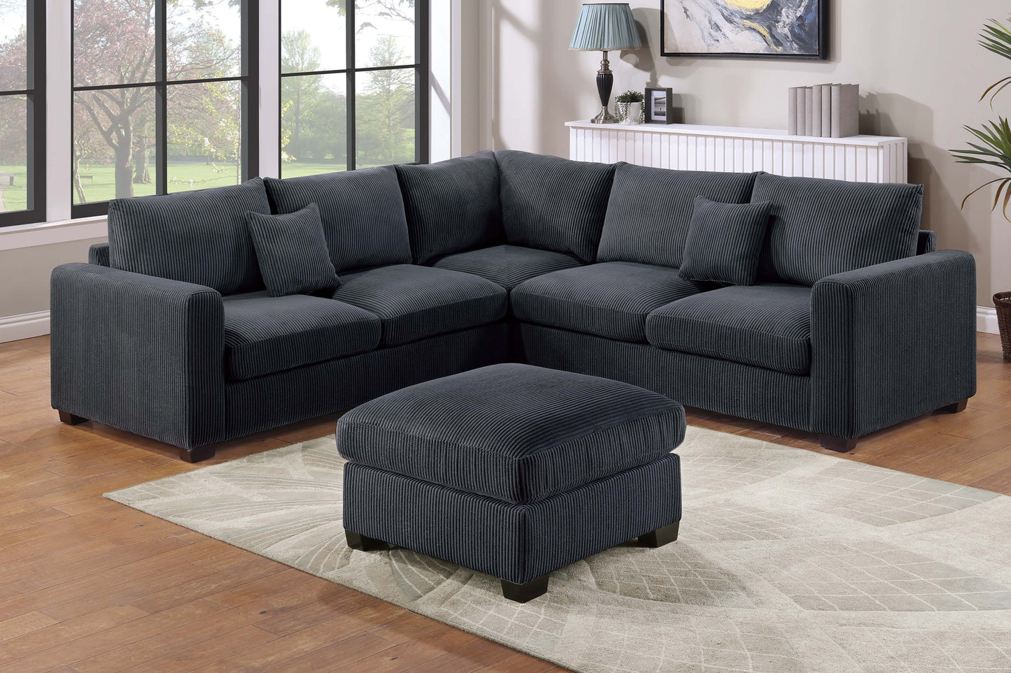 Modern Style L-Shaped 4pc Sectional Set Cocktail Ottoman Square Arms Throw Pillow Corduroy Upholstered Black Finish Primary Living Room - primary color shot