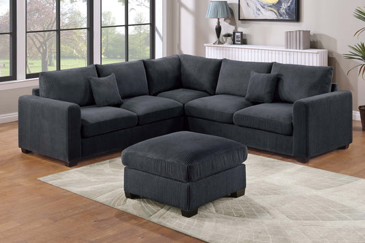 Modern Style L-Shaped 4pc Sectional Set Cocktail Ottoman Square Arms Throw Pillow Corduroy Upholstered Black Finish Primary Living Room - primary color shot