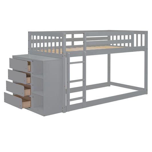 Modern Twin over Twin Bunk Bed with 4 Drawers and 3 Shelves in Gray Solid Wood - primary color shot