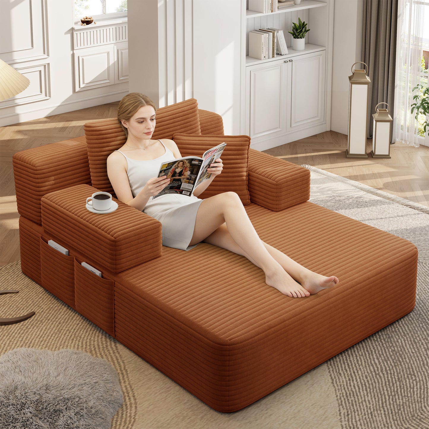 Luxurious Plush Corduroy Chaise Lounge with 3 Pillows - Orange - detail view 5