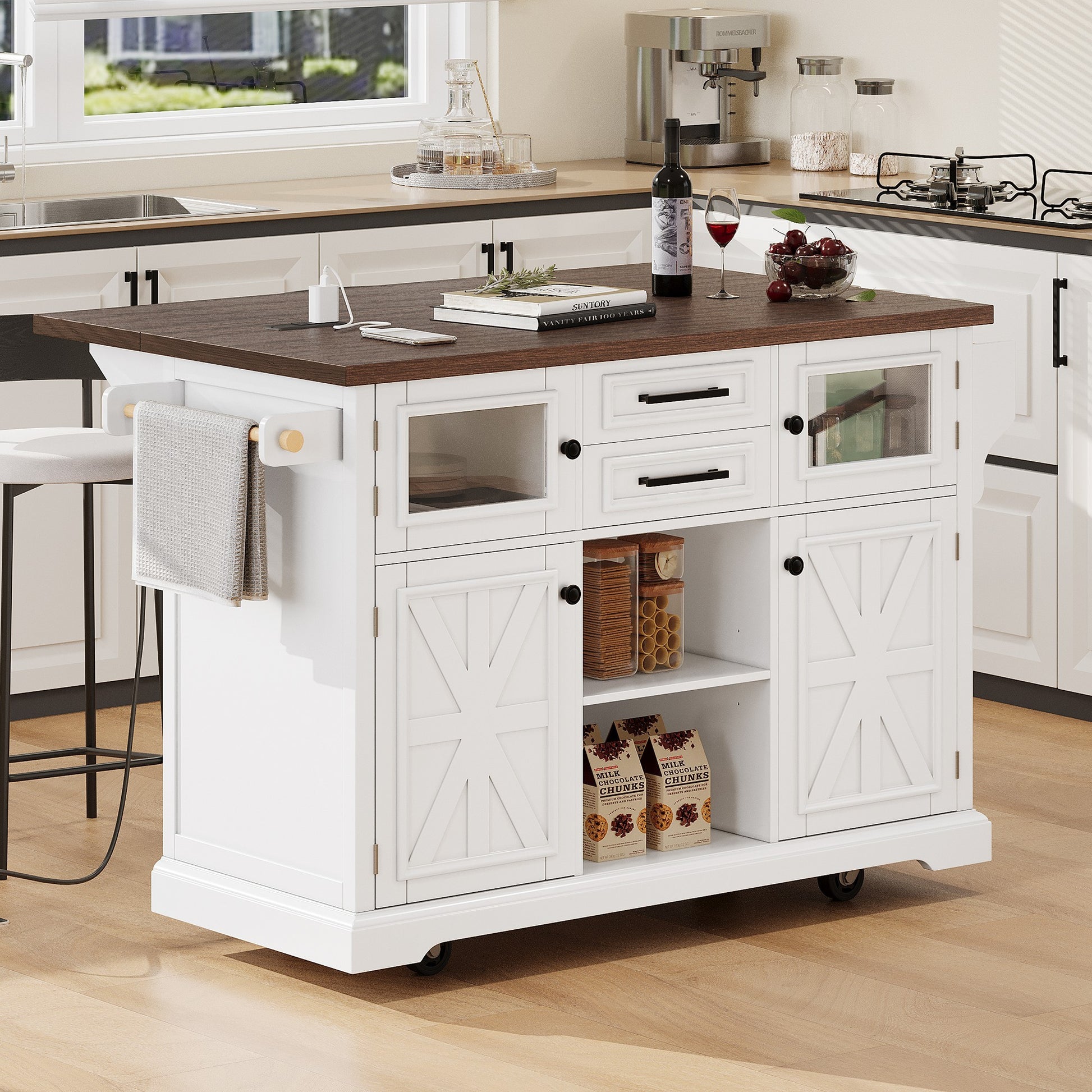 K&k 54.9' Kitchen Island with Drop Leaf - White - detail view 2