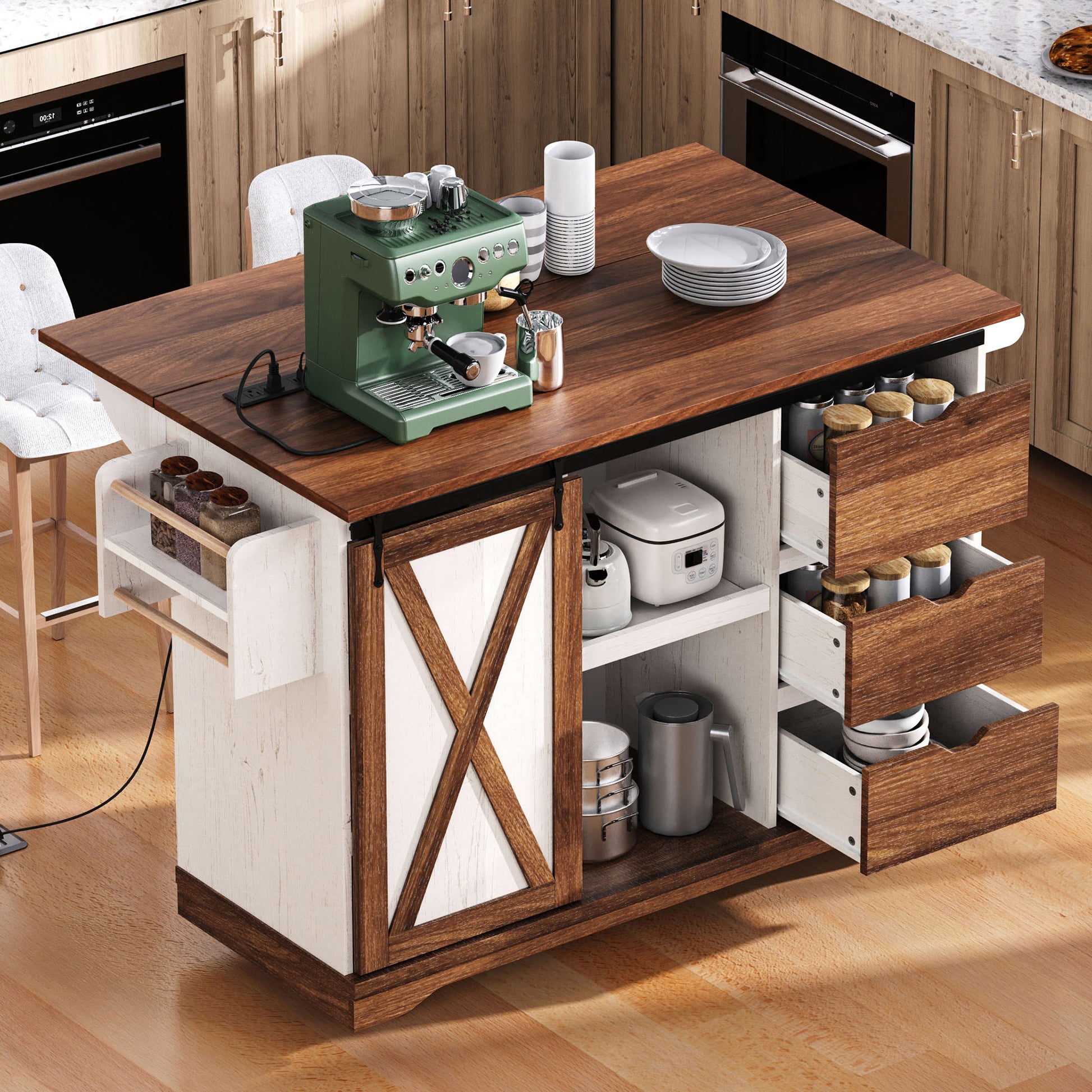 K&k 55.5' Farmhouse Kitchen Island with Drop Leaf - White - detail view 4