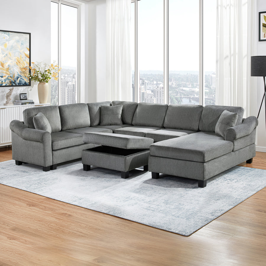 U-shaped Sectional Sofa Chenille Upholstered with Movable Storage Ottoman, Dark Gray, 111.8' - detail view 2