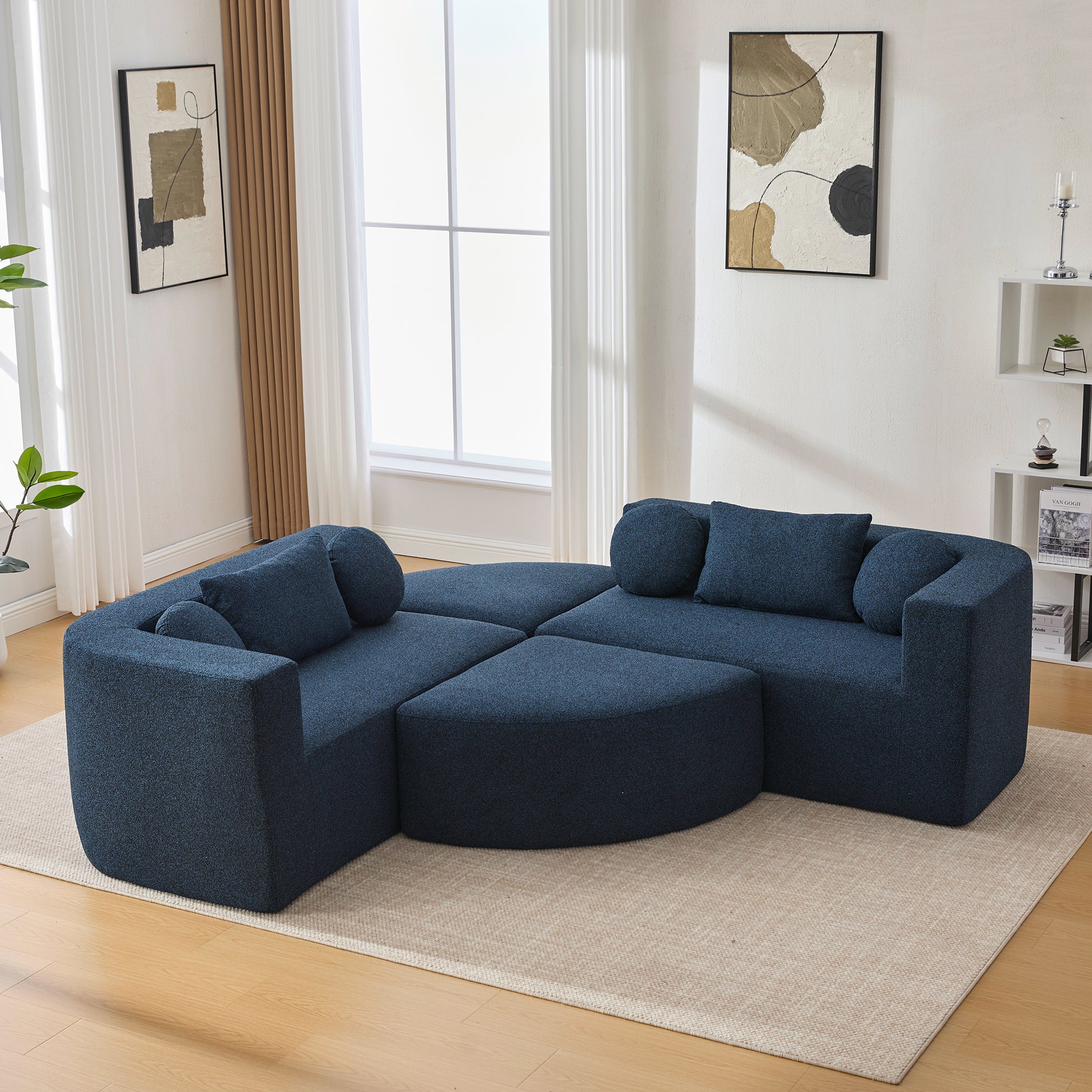 Boneless Couch Modular Sectional Sofa with Deep Seating and Curved Design in Blue Boucle, 114.9 Inches - detail view 8