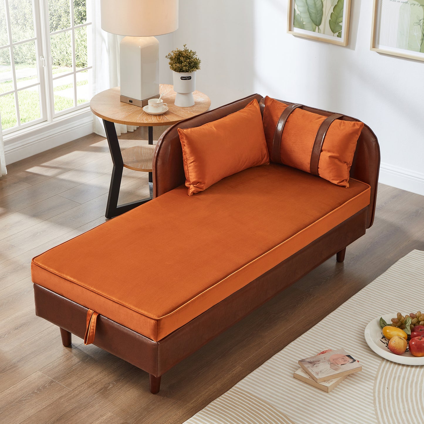 65" Storage Chaise Lounge Sofa Brown PU & Orange Velvet - detail view 3