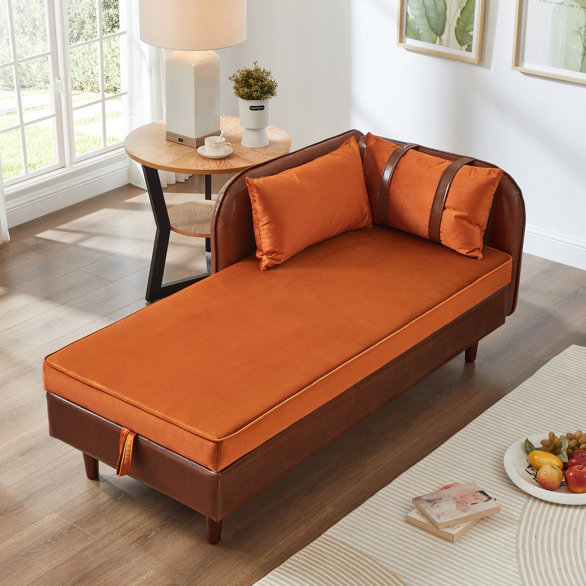 65" Storage Chaise Lounge Sofa Brown PU & Orange Velvet - detail view 3