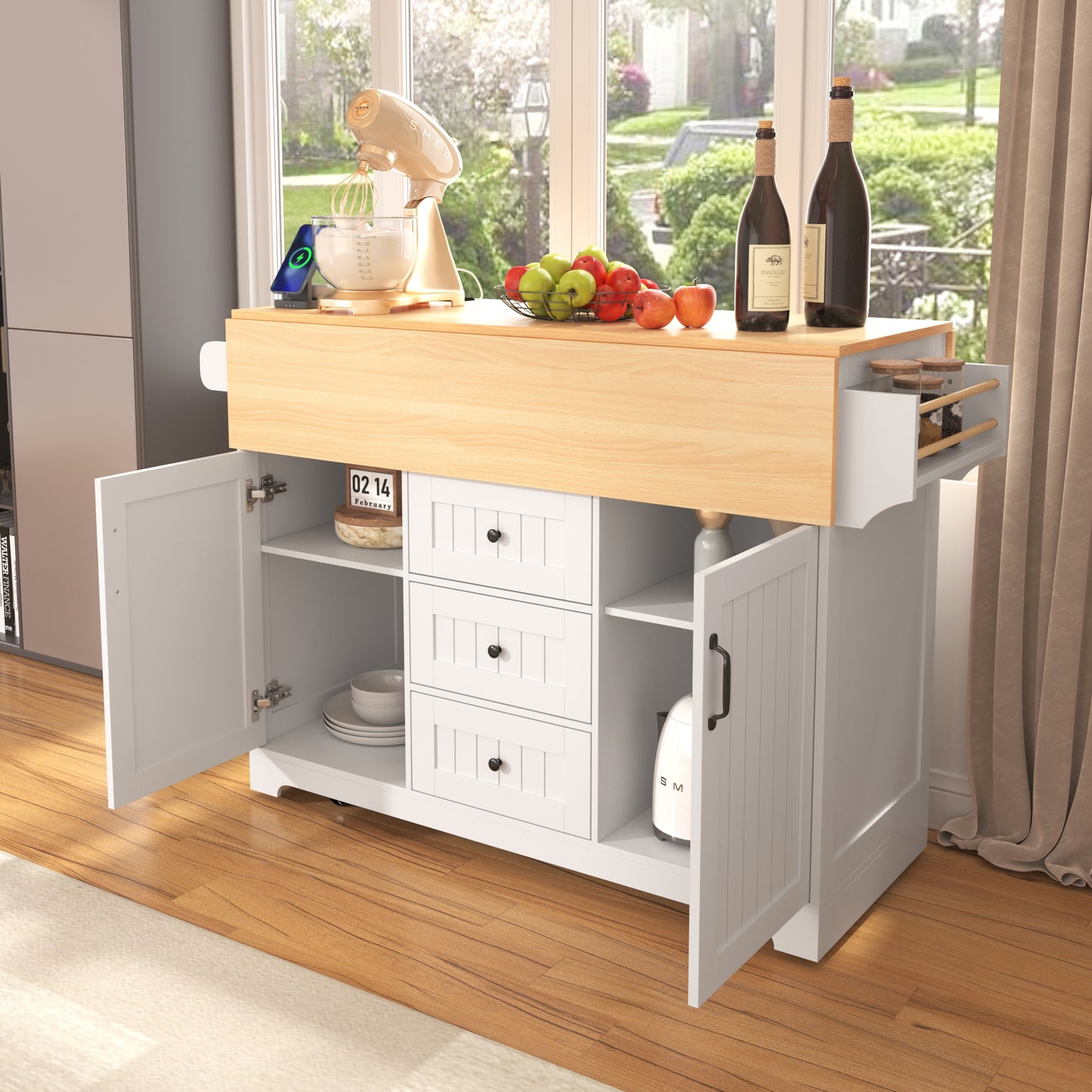 K&k 55.7'' Large Kitchen Island with 2 Drop Leaf - White - detail view 5