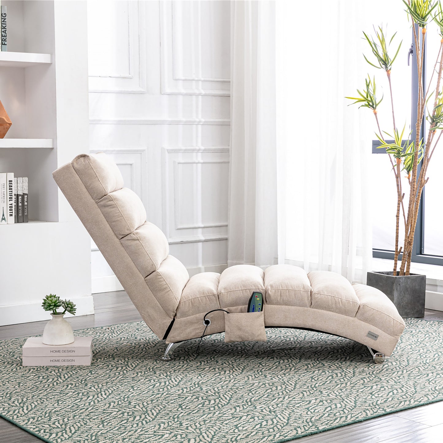 Beige Linen Chaise Lounge with Silver Legs - detail view 4