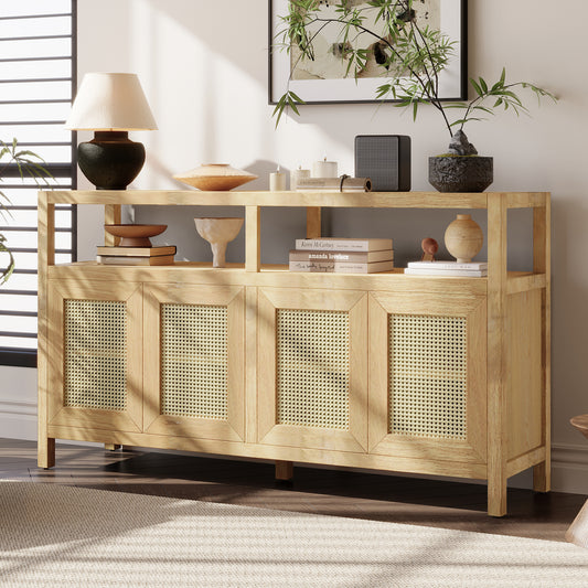TREXM Bohemian Style Rattan Buffet Storage Cabinet with Solid Wood Frame - Natural - primary color shot
