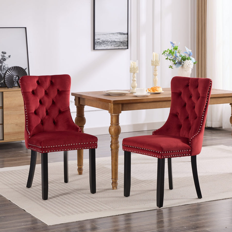 Burgundy Velvet Tufted Nailhead Trim Dining Chairs with Wood Legs (Set of 2)