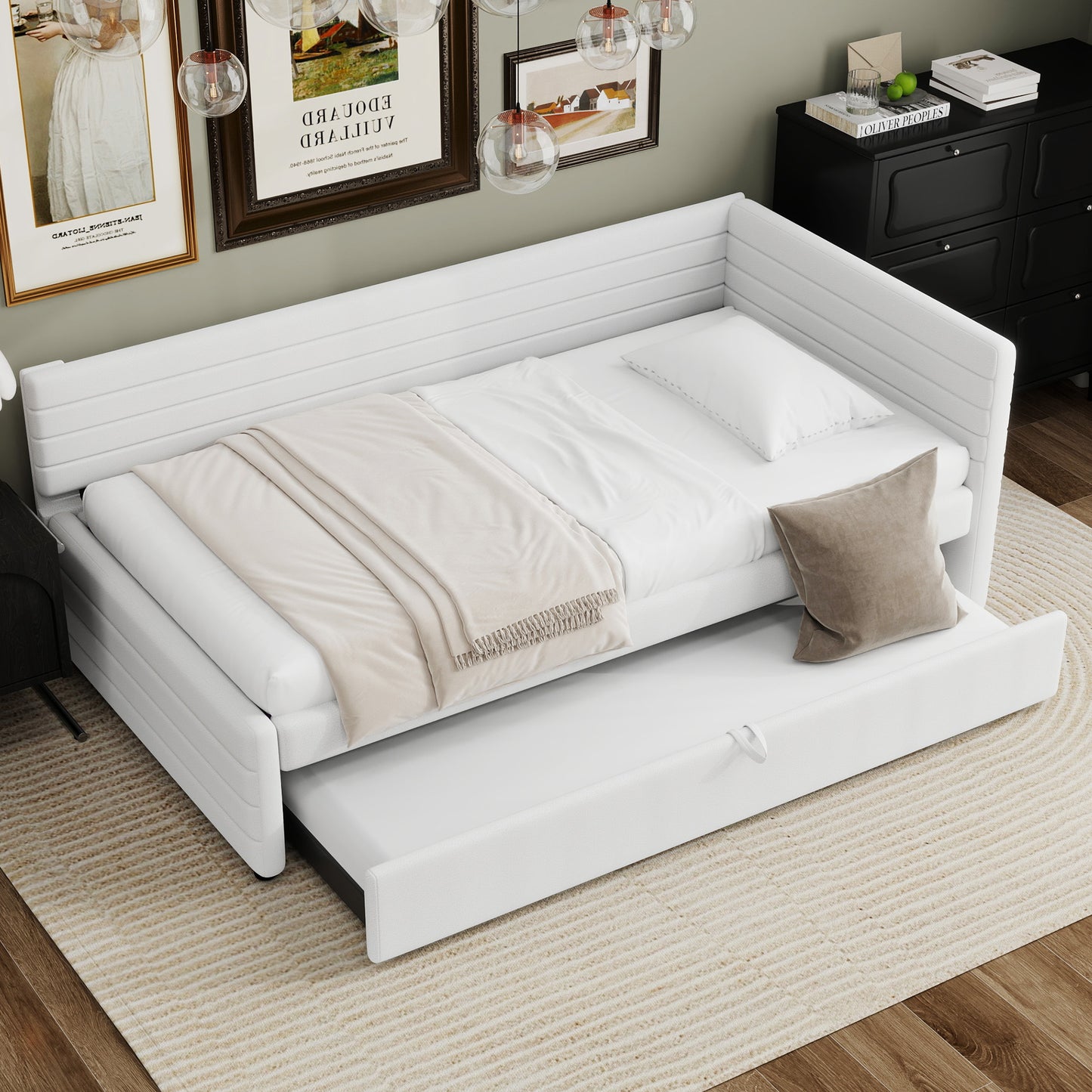 Aya Twin Size Upholstered Daybed with Trundle, White
