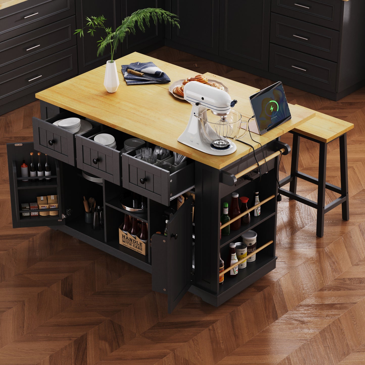 K&k 53" Large Kitchen Island with 2 Bar Stools - Black - detail view 4