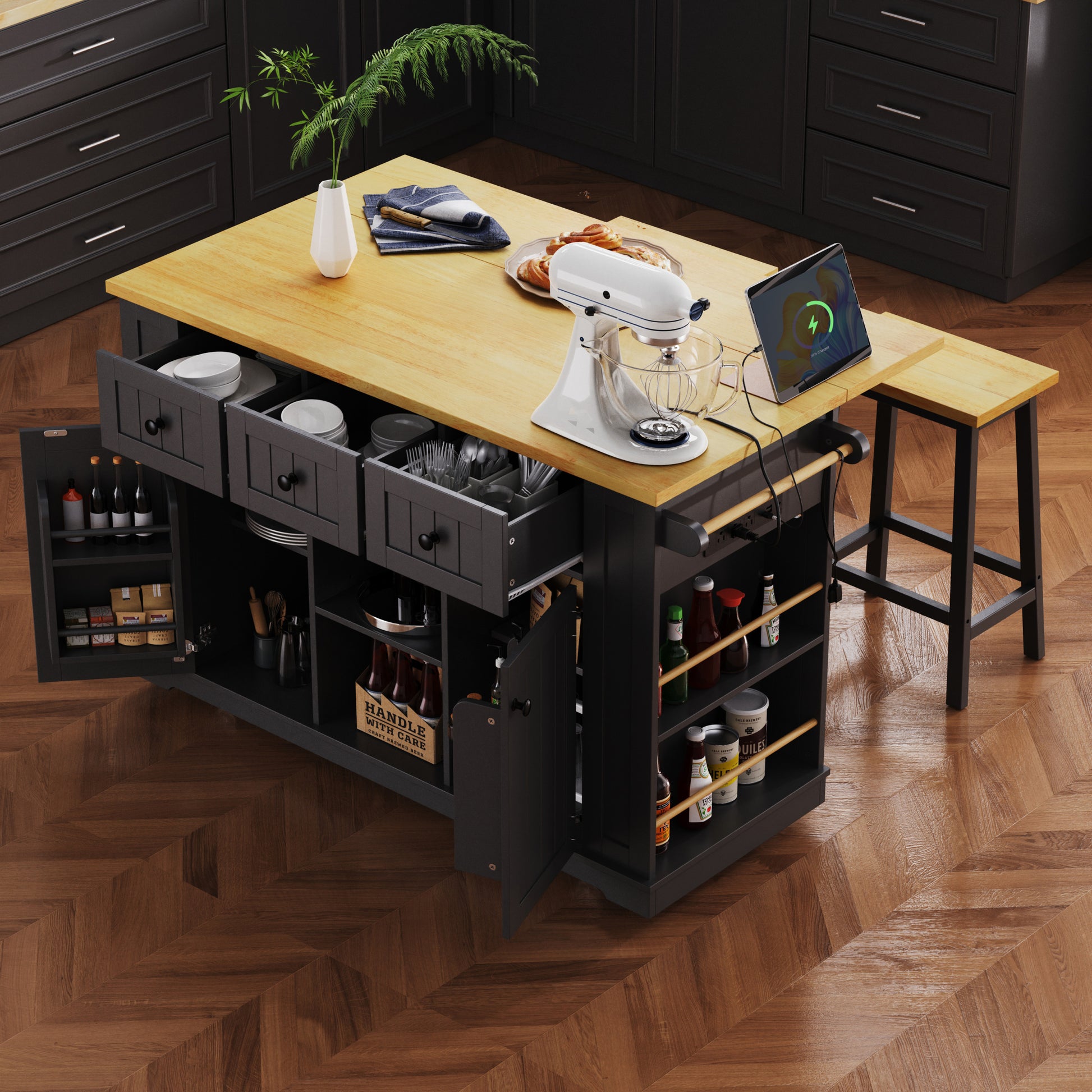 K&k 53" Large Kitchen Island with 2 Bar Stools - Black - detail view 4