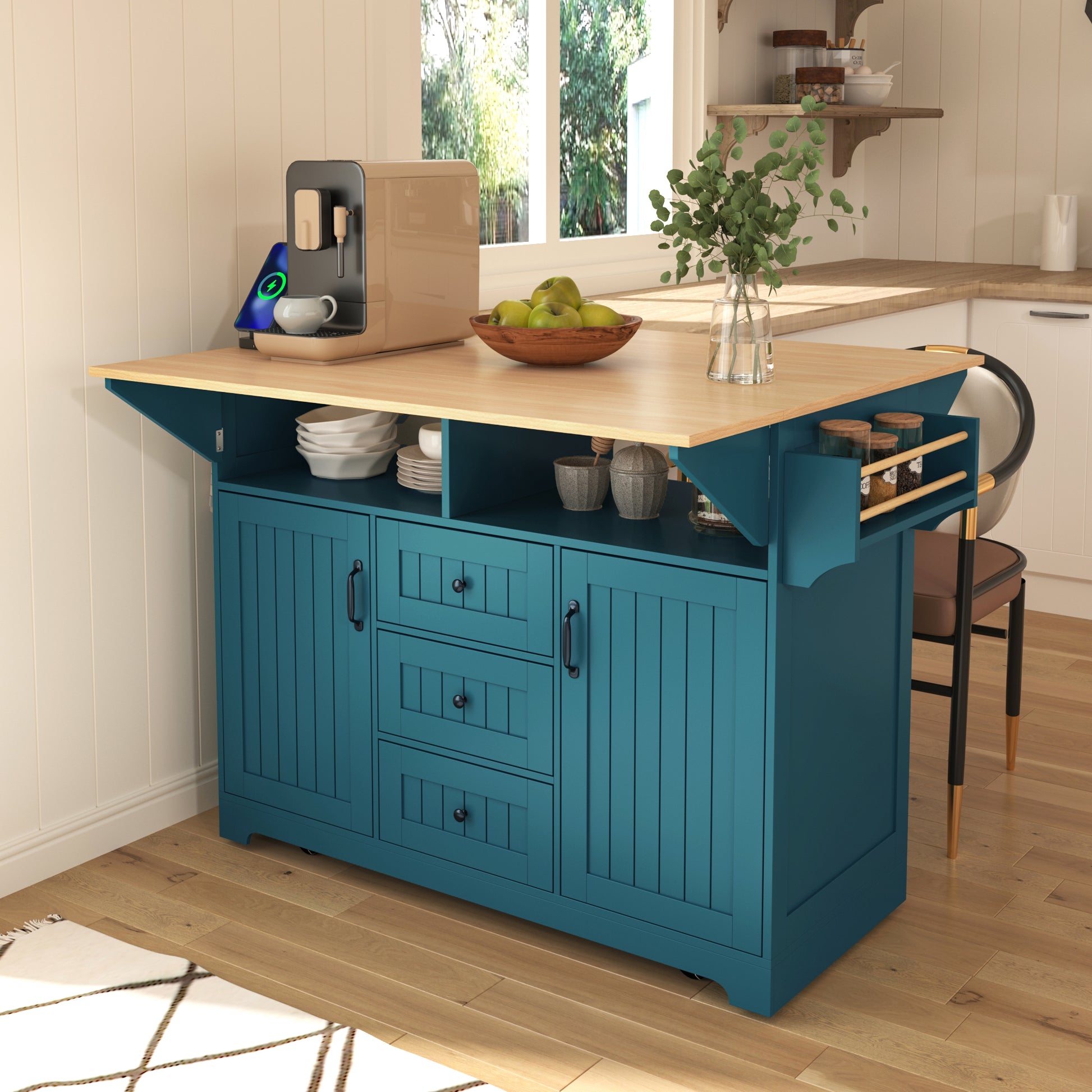 K&k 55.7'' Large Kitchen Island with 2 Drop Leaf - Green - primary color shot
