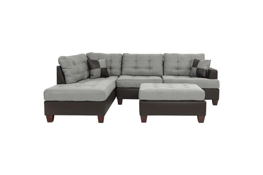 Contemporary Sectional Sofa Grey Polyfiber Linen Like Fabric Cushion Tufted Reversible 3pc Sectional Sofa L/R Chaise Ottoman Living Room Furniture Pillows - detail view 2