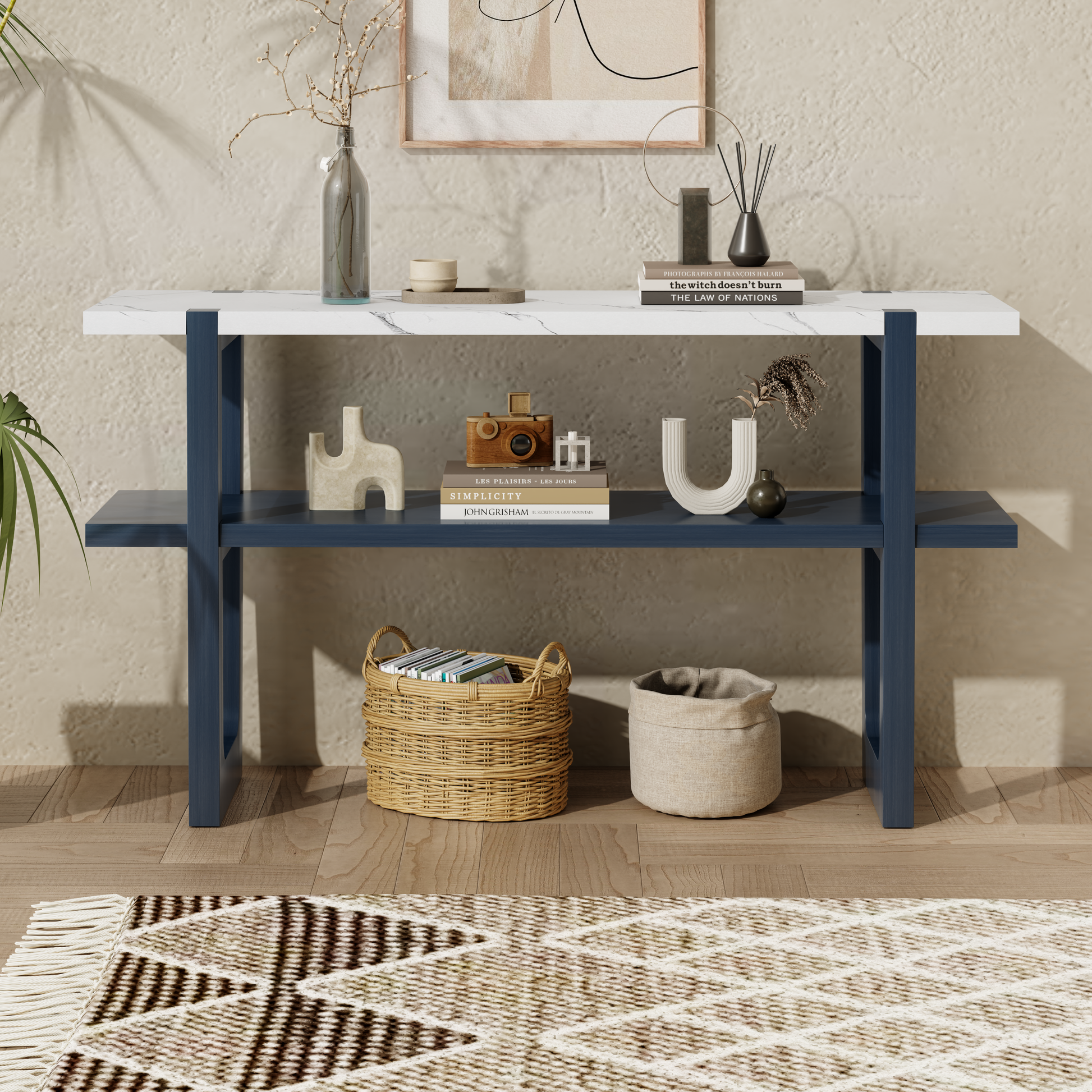 Idalia Elegant Console Table with Faux Marble Top, Navy & White