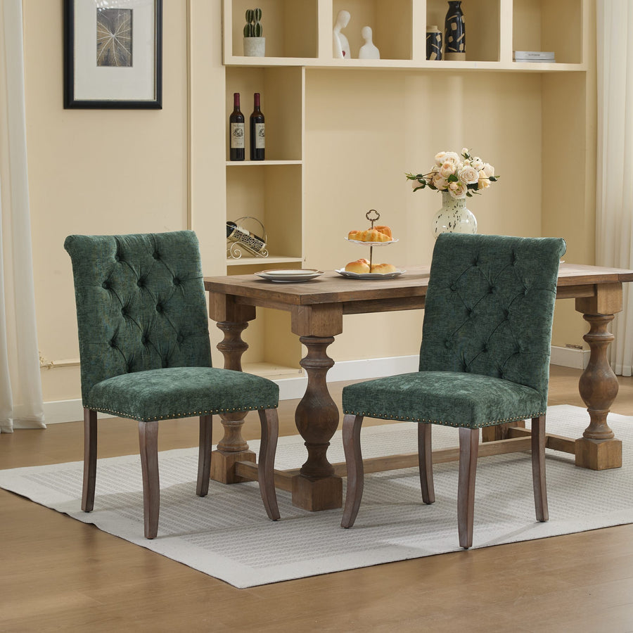 Olive Green Chenille Tufted Dining Chairs with Wood Legs (Set of 2)
