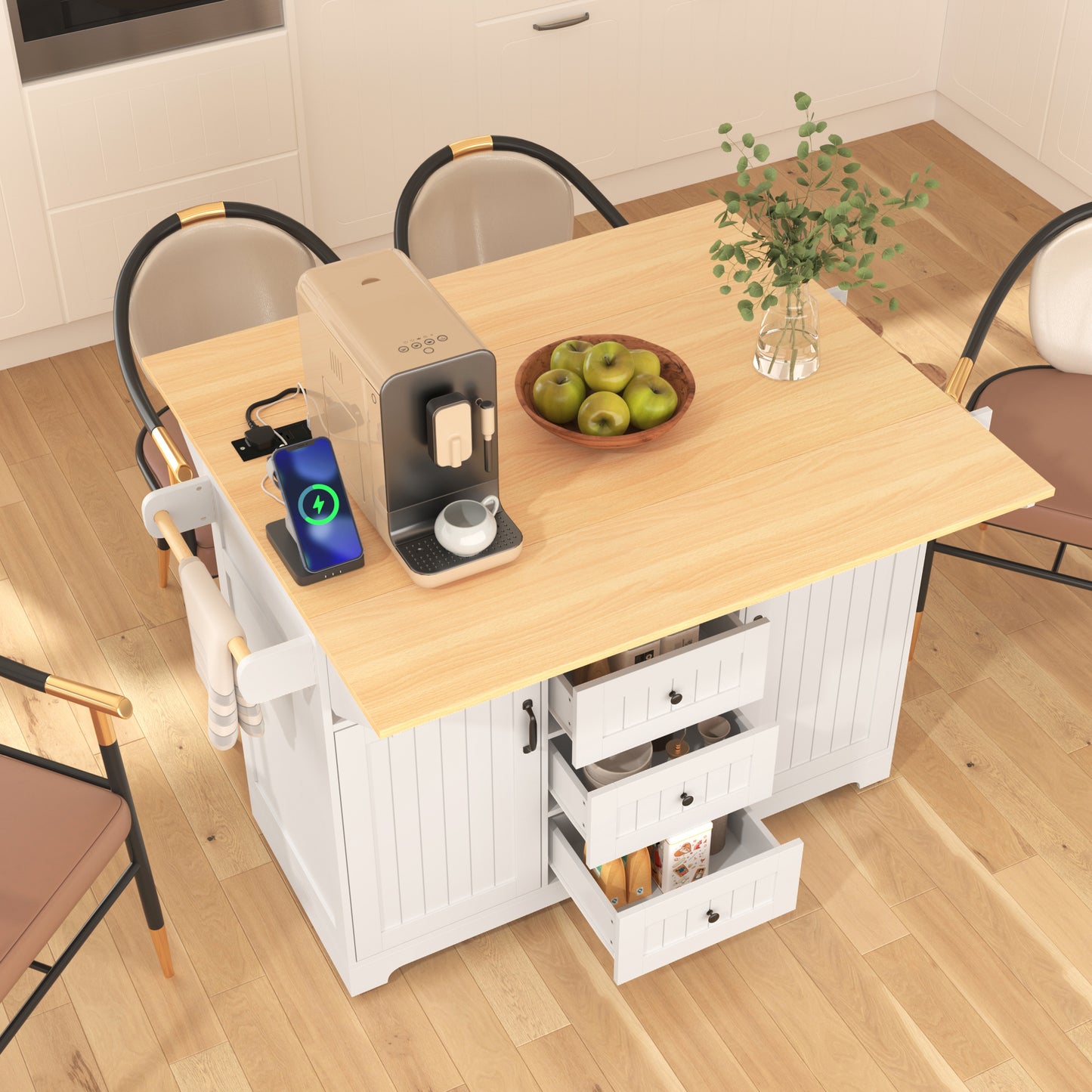 K&k 55.7'' Large Kitchen Island with 2 Drop Leaf - White - detail view 2