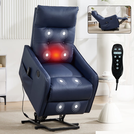 Deep Blue PU Single Motor Power Lift Recliner Chair with Massage and Heat for Elderly - primary color shot