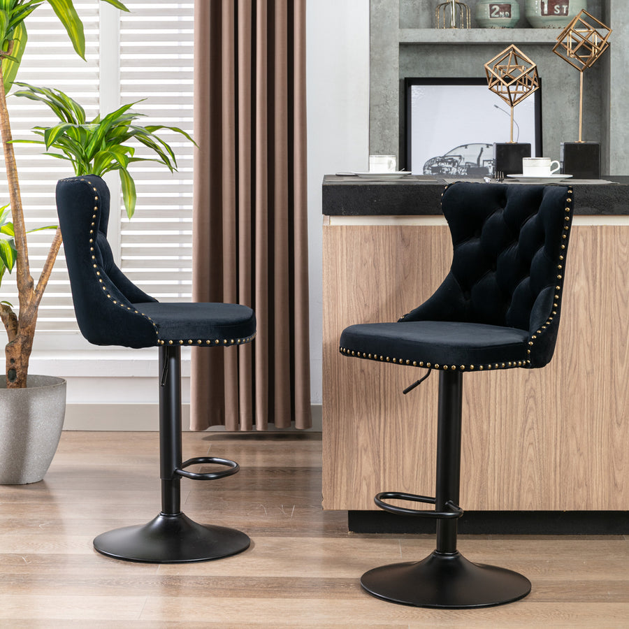 Black Velvet Tufted Bar Stool with Black Legs (Set of 2)