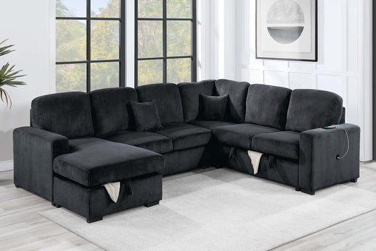 Modern Design 4pc Convertible Sectional Storage Compartment Matching Pillow Pull Out Bed USB Port Corduroy Upholstered Black Finish Primary Living Room - primary color shot
