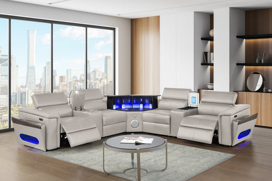 Nova Modern Style Sectional with 2 Consoles (Reading Light + Fridge), Wedge with Bluetooth speaker, LED and Lifting wine cabinet- Gray - primary color shot