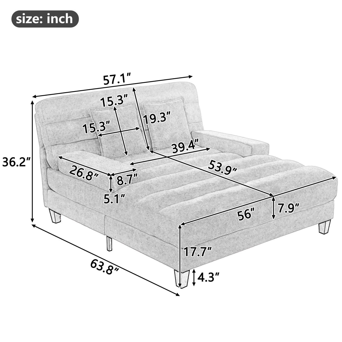 Modern Chaise Lounge Sofa 57.1' Sofa Bed Chenille Upholstered Lounge Sofa Chair with Adjustable Backrest & LED Light Strip - Beige - detail view 3