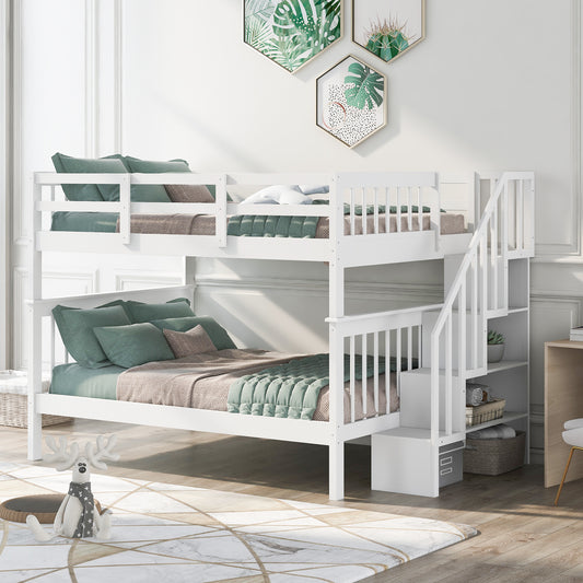 Stairway Full-over-Full Bunk Bed with Storage and Guard Rail - White - primary color shot