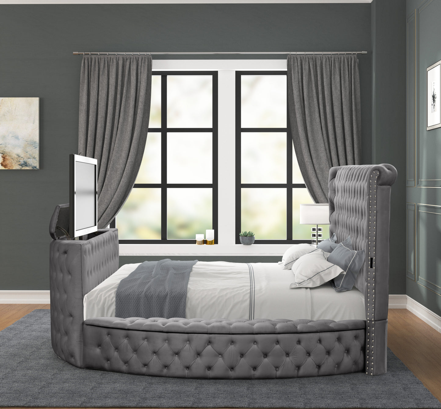 Maya Modern Style Crystal Tufted Queen Bed Made with wood in Gray