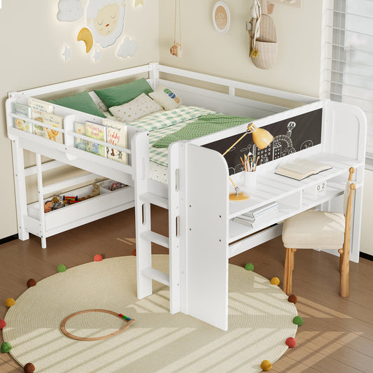 Full Loft Bed with Multi-Storage Bookcases - Light White - primary color shot