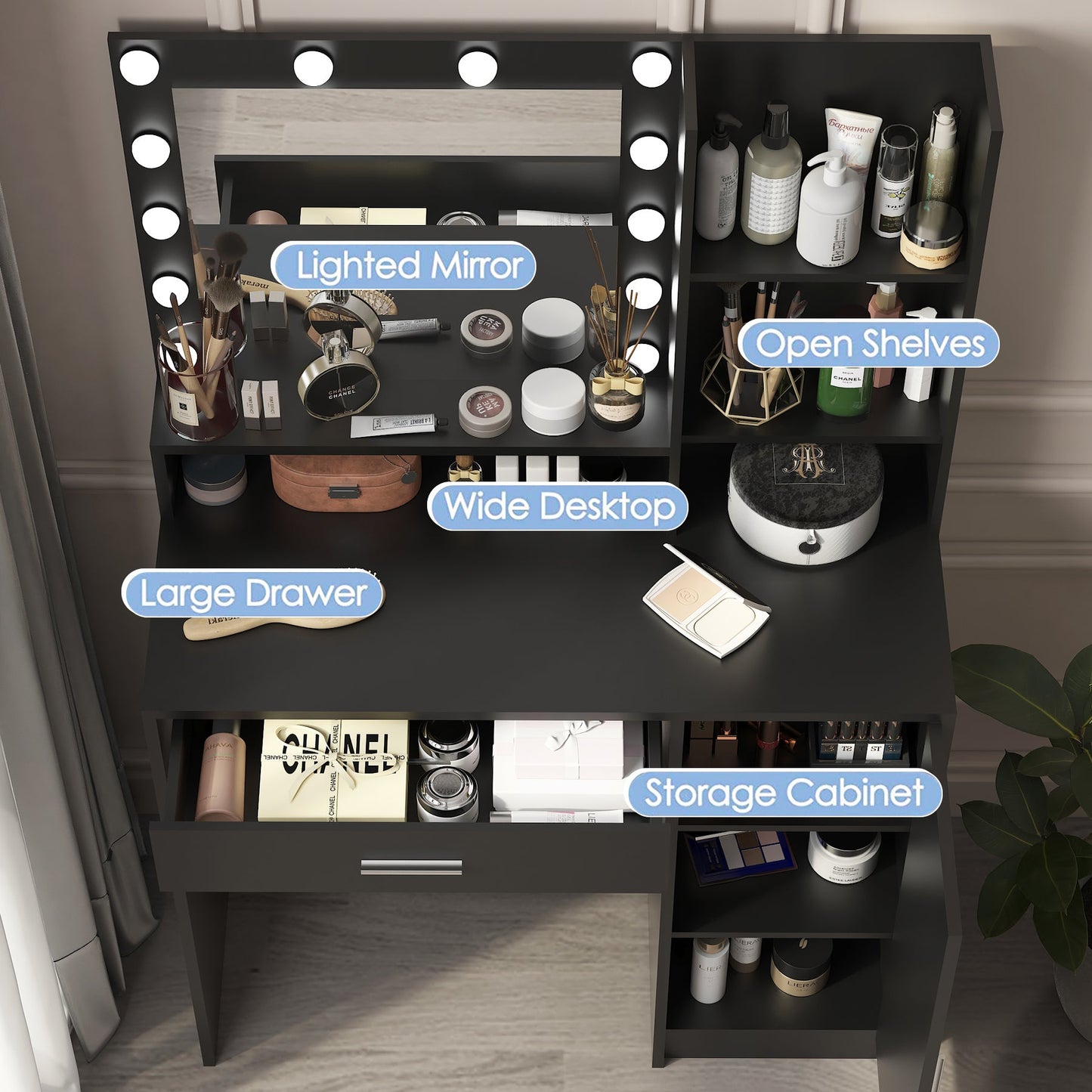 Galadriel Contemporary Bedroom Vanity, Black