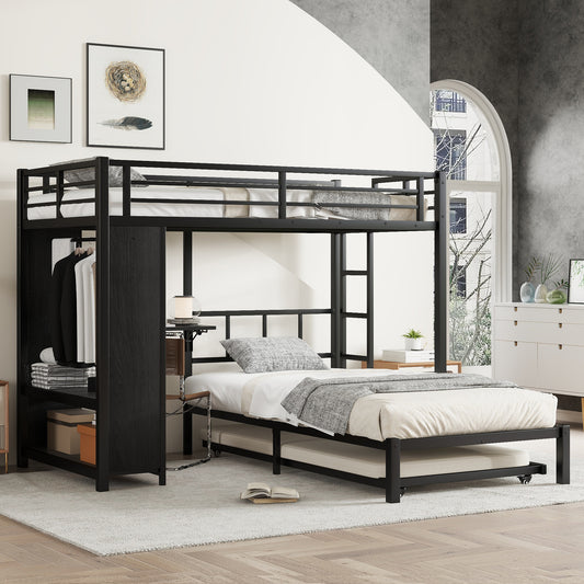 Twin over Twin XL (twin XL over Twin Xl) Bunk Bed with Built-in Wardrobe - Black - primary color shot