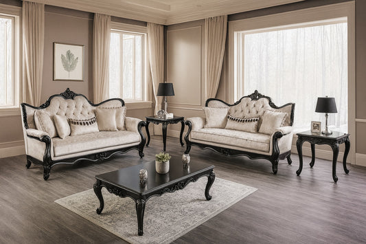 Acapulco Traditional Sofa & Loveseat Set with Wood Trim – Off White & Black