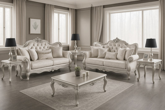 Luxurious living room with ornate furniture and decorative elements.