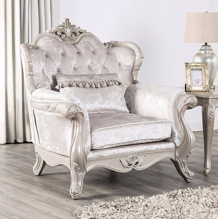 Acapulco Traditional Arm Chair with Wood Carvings - Off-White