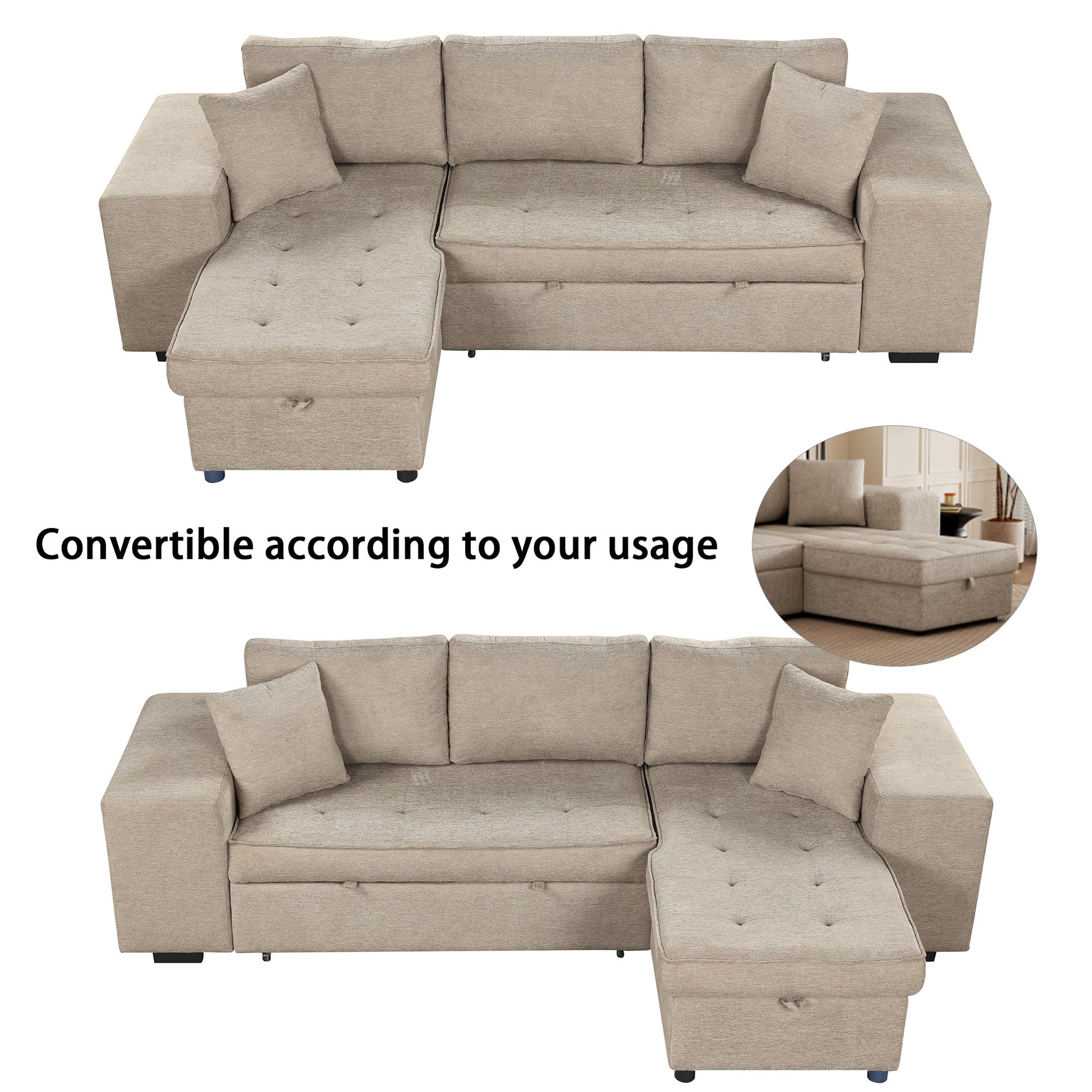 Modern L-Shape 3 Seat Reversible Sectional with Pull Out Sleeper - Cream - detail view 5
