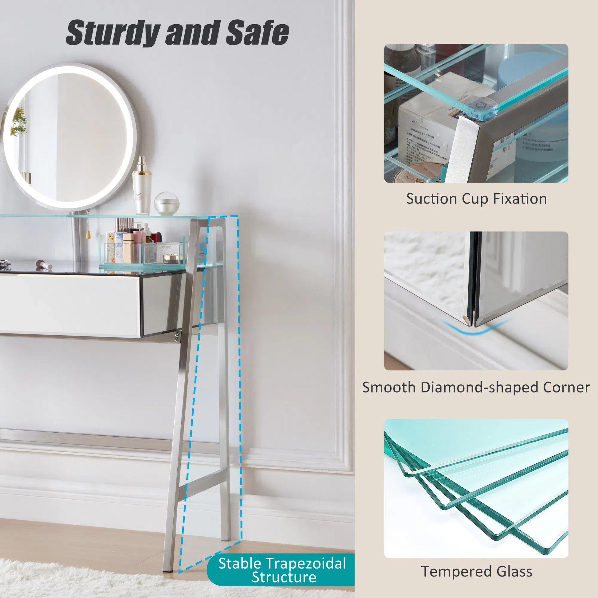 Bastion 33.9' Mirrored Makeup Vanity Desk with Mirror and Lights