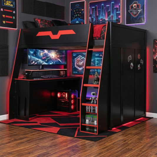 Full Size Wood Loft Bed with Desk - Red - detail view 2