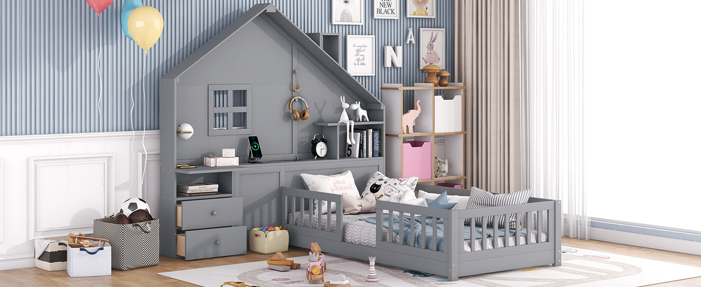 Marigold Twin Size House Bed with Bedside Drawers, Gray