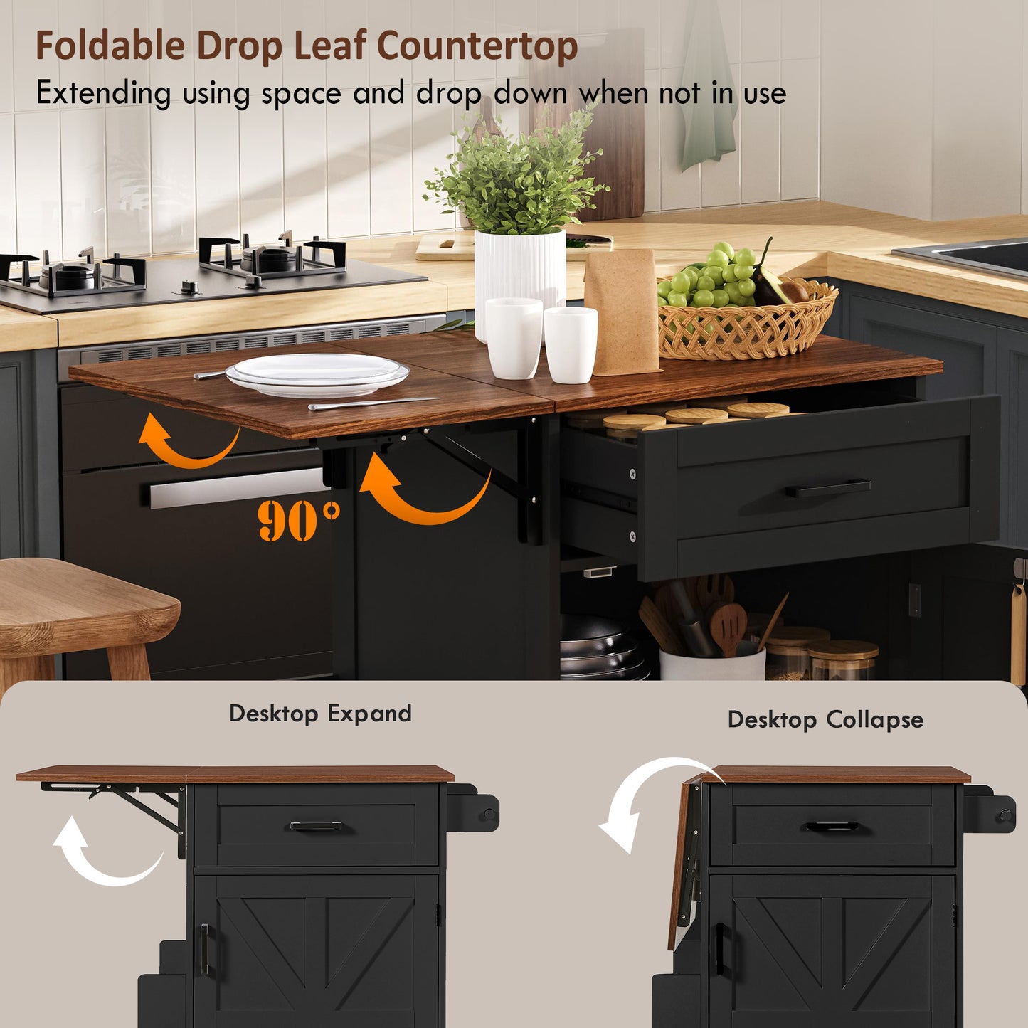 K&k 39.3' Farmhouse Kitchen Island with Drop Leaf - Black - detail view 7