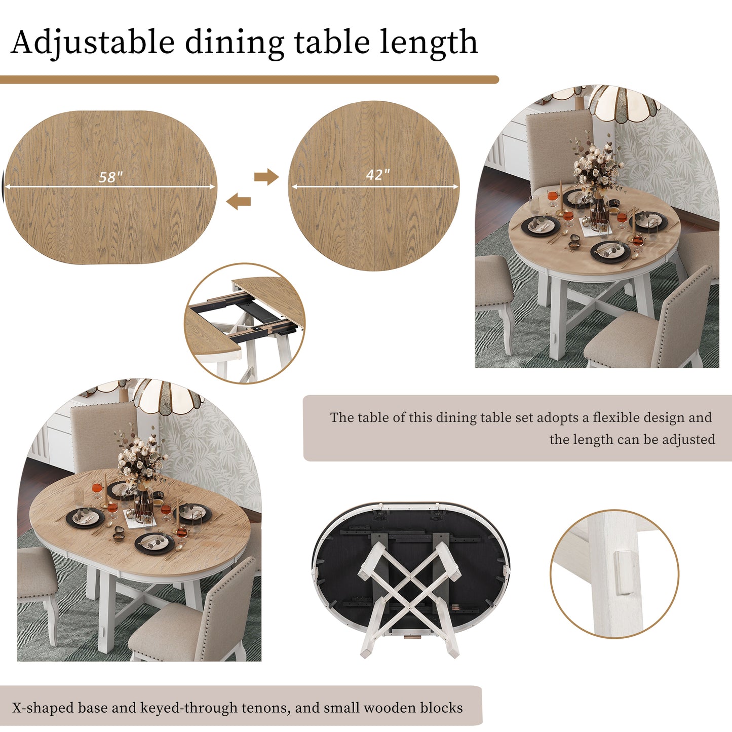 TREXM Farmhouse Round Extendable Dining Table with 16' Leaf Wood Kitchen Table (oak Natural Wood + Antique White) - Oak & Natural - detail view 4