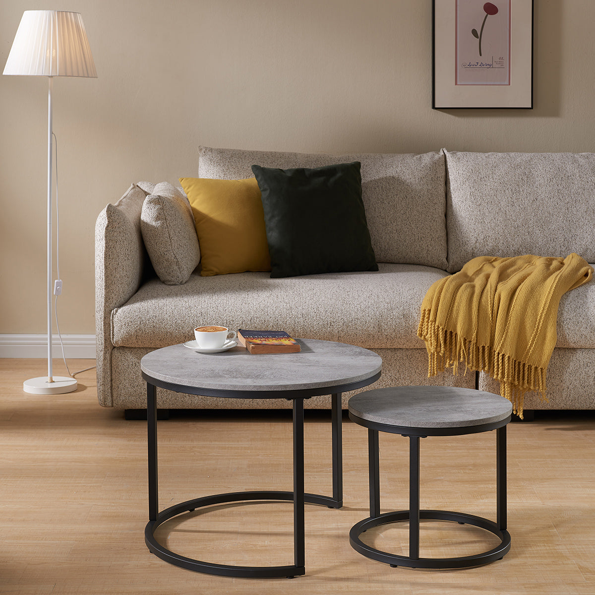 Grey Wood+metal Steel Frame Nesting Tables with Black Legs - detail view 6