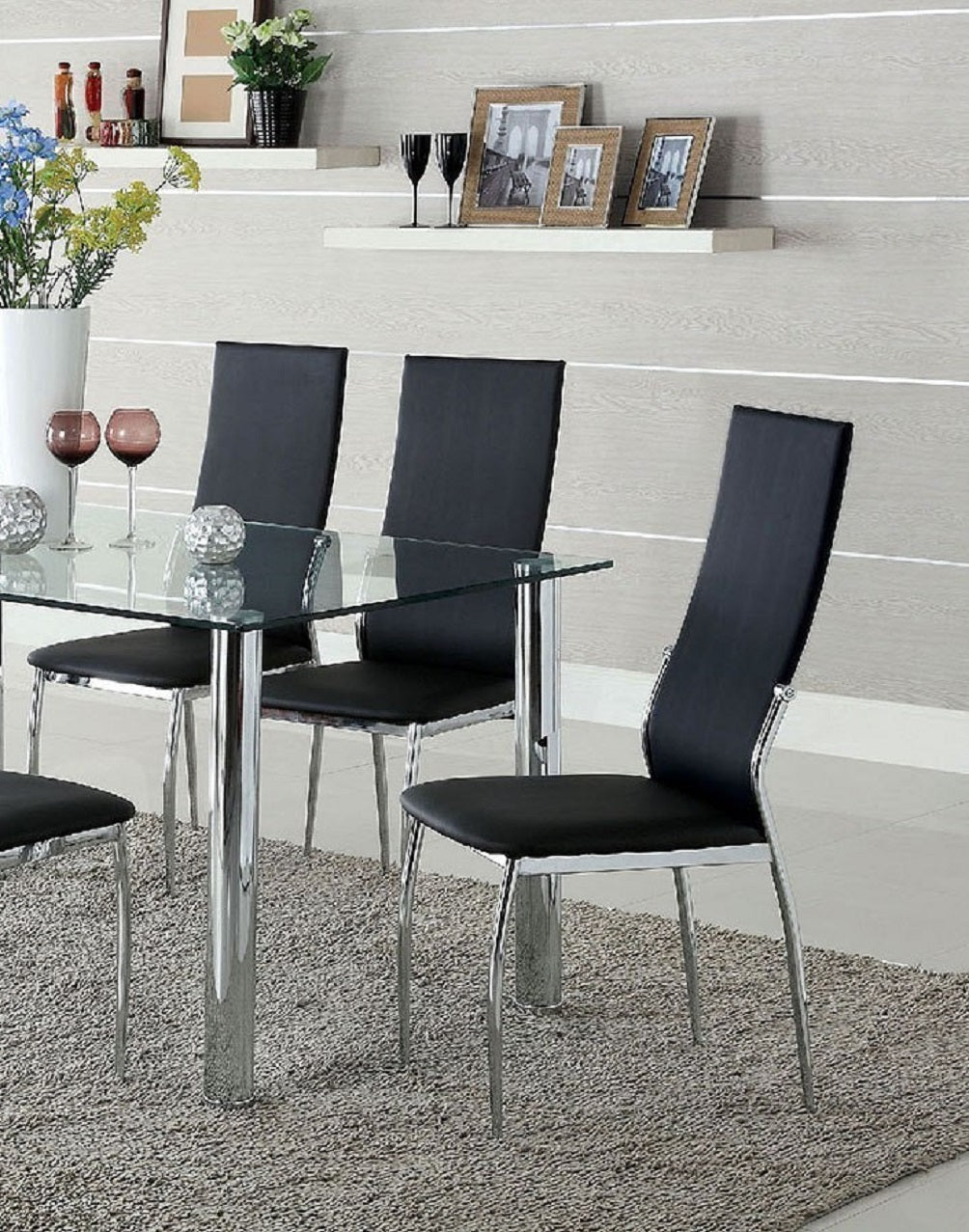 Victor Modern Leatherette Side Chairs with Silver Legs Set of 2 , Black
