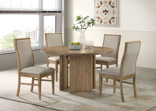 Adina 5-Piece Round Dining Set – Distressed Light Brown with Barley Upholstered Chairs