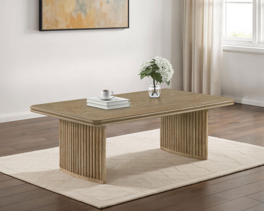 Adina Rectangular Coffee Table with Dual Reeded Pedestal Base – Distressed Light Brown