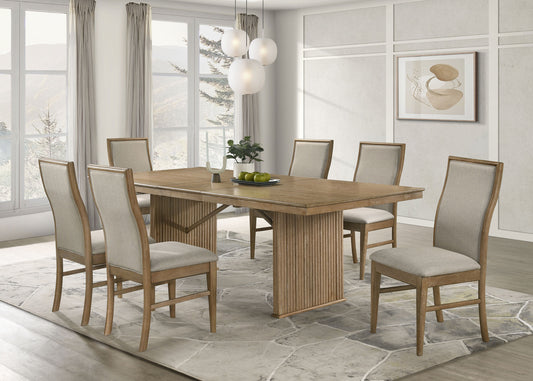 Adina 8-Piece Extendable Dining Set with Reeded Base, Upholstered Chairs & Sideboard – Distressed Light Brown