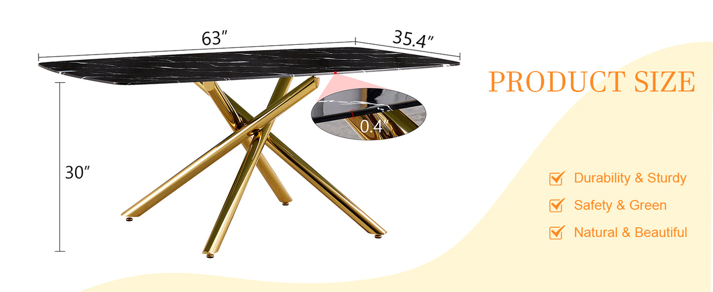 63" Luxurious Black Marble-Patterned Tempered Glass Dining Table.single Fork Golden Metal Table Legs.tempered Glass Table Top - Black & Gold - detail view 8