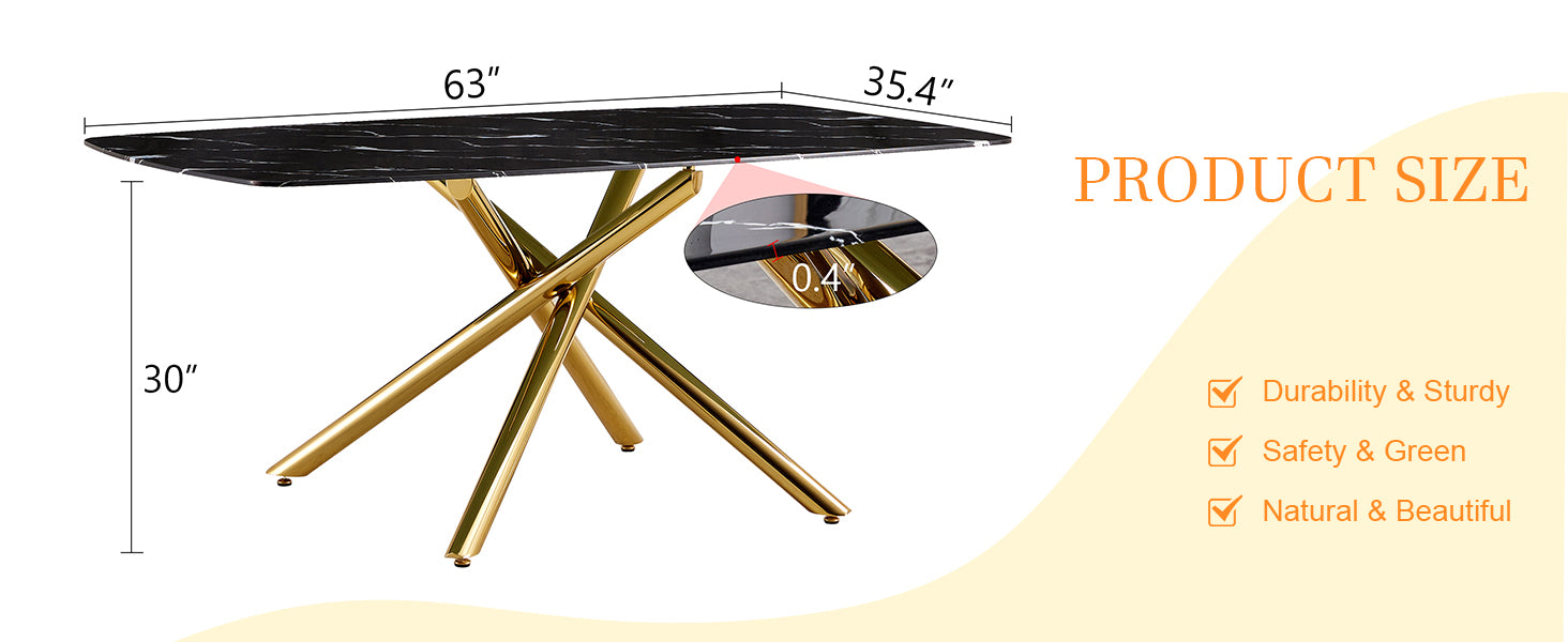 63" Luxurious Black Marble-Patterned Tempered Glass Dining Table.single Fork Golden Metal Table Legs.tempered Glass Table Top - Black & Gold - detail view 8