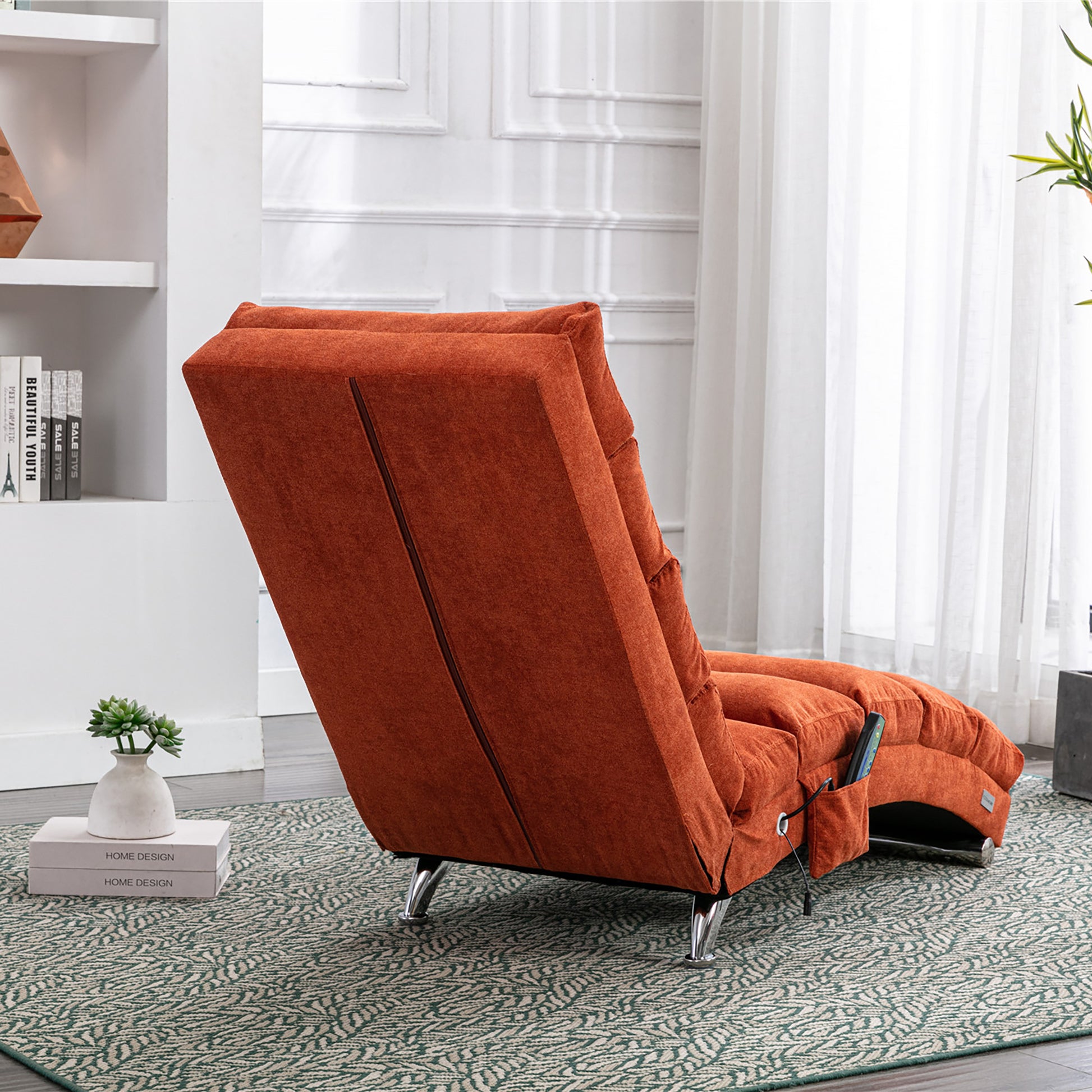 Orange Linen Chaise Lounge with Silver Legs - detail view 7